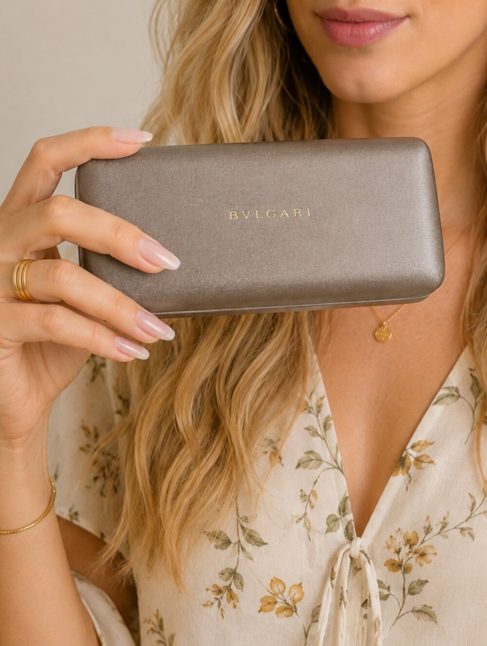 BVLGARI Bronze Taupe Hard Sunglasses Eyeglasses Case Gold Logo Authentic